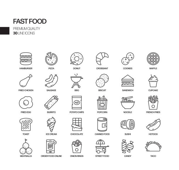 Simple Set of Fast Food Related Vector Line Icons. Outline Symbol Collection. Simple Set of Fast Food Related Vector Line Icons. Outline Symbol Collection. sandwich icons stock illustrations