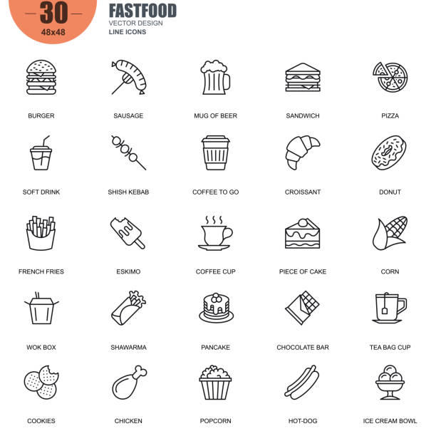 Simple set of fastfood related vector line icons Simple Set of Fastfood Related Vector Line Icons. Contains such Icons as Burger, Sausage, Sandwich, Pizza, French Fries, Hot-dog and more. Editable Stroke. 48x48 Pixel Perfect. sandwich icons stock illustrations