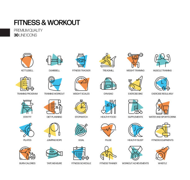 ilustrações de stock, clip art, desenhos animados e ícones de simple set of fitness and workout related spotlight vector line icons. outline symbol collection - steps