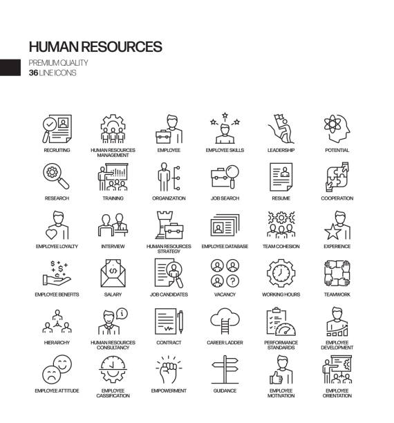 ilustraciones, imágenes clip art, dibujos animados e iconos de stock de conjunto simple de iconos de línea vectorial relacionados con recursos humanos. colección de símbolos de esquema. - social media icons