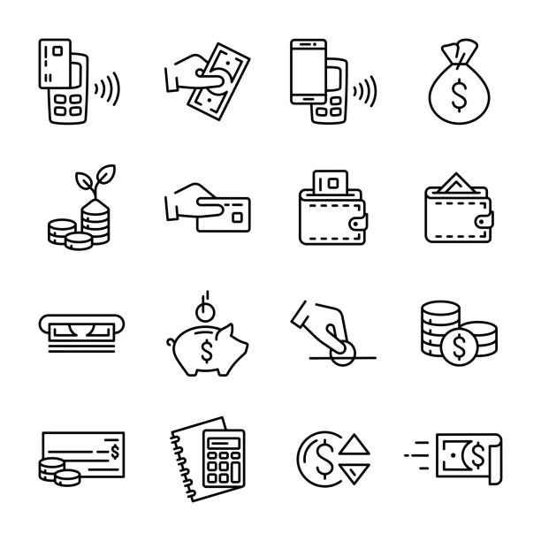 prosty zestaw liniowych pieniędzy i ikon wektora finansowania. zawiera takie ikony wektora, jak pieniądze, portfel, płatności zbliżeniowe, ręka z monetą i inne - płacić stock illustrations