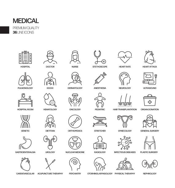 ilustrações, clipart, desenhos animados e ícones de jogo simples de ícones relacionados médicos e saudáveis da linha do vetor. coleção de símbolos de esboço. - cardiologista