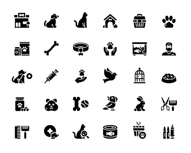ilustrações, clipart, desenhos animados e ícones de conjunto simples de ícones vetoriais relacionados a pet shop. coleção de símbolos. - ração