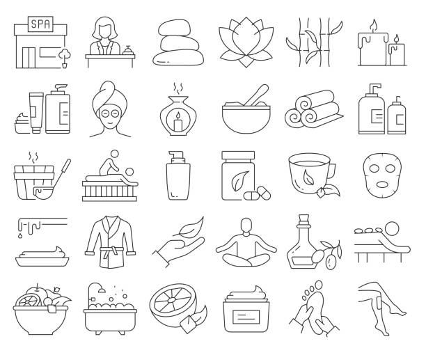 stockillustraties, clipart, cartoons en iconen met eenvoudige set van spa-elementen gerelateerde vector lijn iconen. overzichts symbool verzameling. bewerkbare lijn - essential oils smell