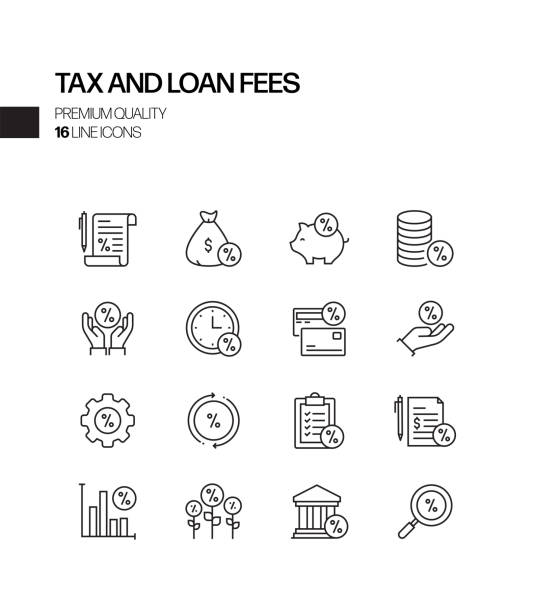 basit vergi ve kredi ücretleri i̇lgili vektör hattı simgeleri kümesi. anahat sembol koleksiyonu - taxes stock illustrations