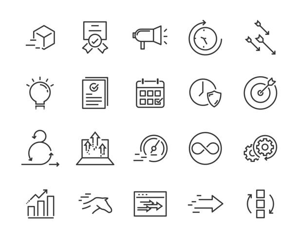 simple set of vector line icons, contain such lcon as speed, agile, boost, process, time and more accelerator startup stock illustrations