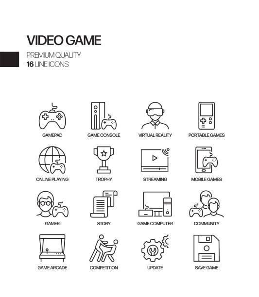 stockillustraties, clipart, cartoons en iconen met eenvoudige set van video game gerelateerde vector lijn iconen. outline symbol-collectie - gaming