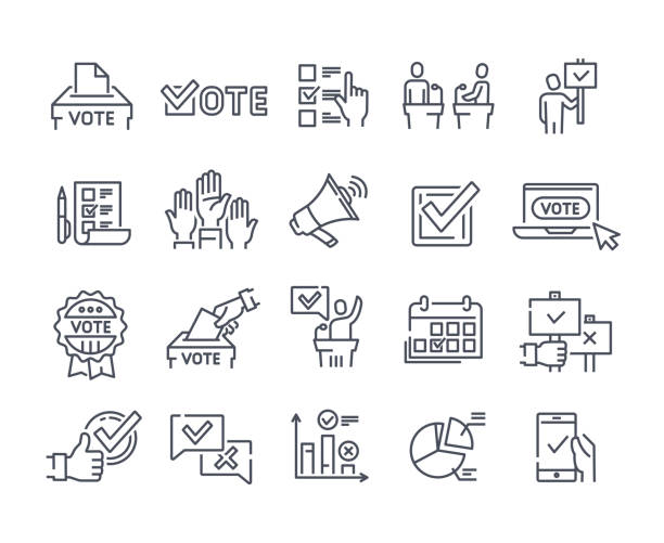 Simple Set of Voting Related Vector Icons. Simple Set of Voting Related Vector Icons Contain raising hand, ratings of candidates electronic Flat outline abstract cartoon vector illustration template design concepts isolated on white background voting symbols stock illustrations
