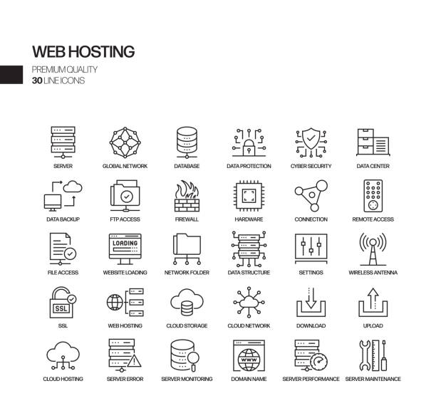 seperangkat ikon garis vektor terkait web hosting sederhana. kumpulan simbol kerangka - server jaringan ilustrasi stok