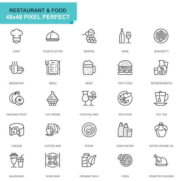 Simple Set Restaurant and Food Line Icons Simple Set Restaurant and Food Line Icons for Website and Mobile Apps. Contains such Icons as Fast Food, Menu, Organic Fruit, Coffee Bar. 48x48. Editable Stroke. Vector illustration. cocktail symbols stock illustrations