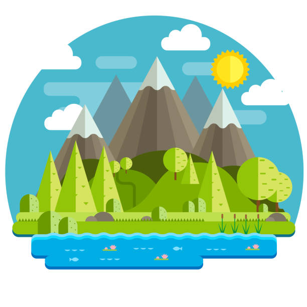 ilustraciones, imágenes clip art, dibujos animados e iconos de stock de simple vector de un paisaje de montaña con montañas y un lago con peces y plantas. - alaska