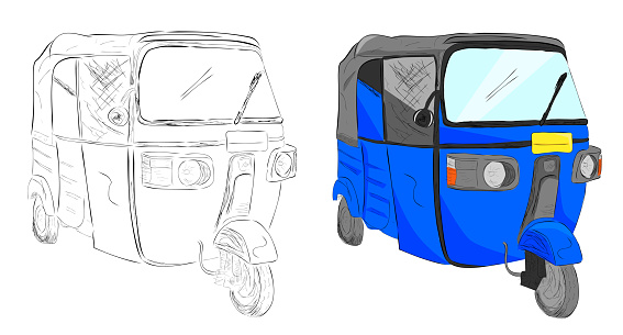 Simple Vector Set 2 Hand Draw Sketch flat color of blue bajaj, one of local economic public transportation in india and indonesia