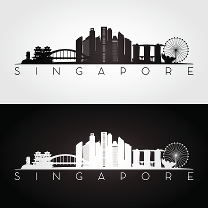 Singapore skyline and landmarks silhouette, black and white design, vector illustration.