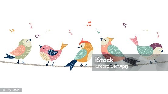 istock Singing birds banner. Abstract folk bird sitting on rope. Isolated decorative animal vector element 1344910894