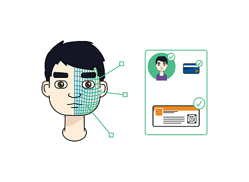 Single asian man using facial recognition and 5G to validate an entry ticket.