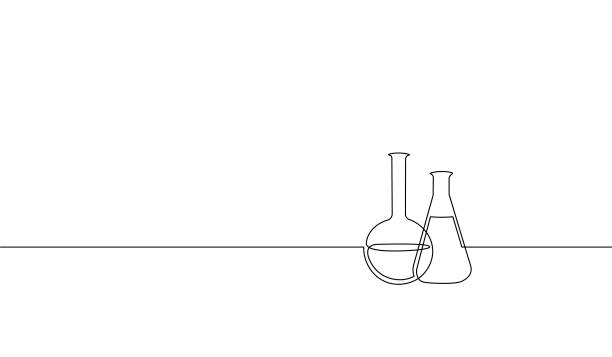 Single continuous line art chemical science flask. Scientific technology research medicine glass equipment design one sketch outline drawing vector illustration Single continuous line art chemical science flask. Scientific technology research medicine glass equipment design one sketch outline drawing vector illustration art laboratory drawings stock illustrations
