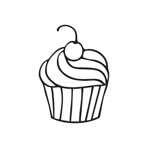 Single hand-drawn cupcake with cherry. In doodle style, black outline isolated on a white background. For banners, cards, stickers, coloring books, design, business. Vector illustration Single hand-drawn cupcake with cherry. In doodle style, black outline isolated on a white background. For banners, cards, stickers, coloring books, design, business. Vector illustration. cupcakes coloring pages stock illustrations