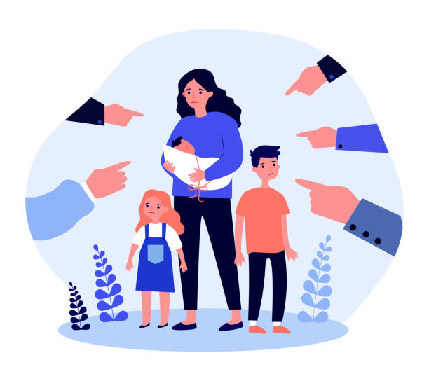 Single mother social problems Single mother social problems. Hands of people pointing at woman with three kids flat vector illustration. Mom with many children, motherhood concept for banner, website design or landing web page mother clipart stock illustrations