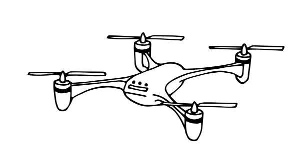 single simple postal drone, modern air digital machine for delivering & surveillance single simple postal drone, modern air digital machine for delivering & surveillance, vector illustration with black contour lines isolated on a white background in a hand drawn style drone drawings stock illustrations