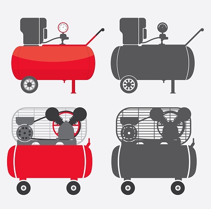 Single stage air compressor. Two kinds of exterior. Flat vector illustration with icons.