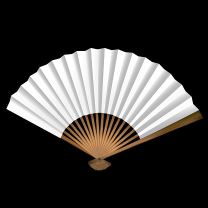 A single tan and white fan on a black background