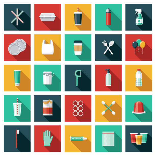 Single Use Plastic Icon Set A set of square flat design icons with a long side shadow. File is built in the CMYK color space for optimal printing. Color swatches are global so it’s easy to edit and change the colors. disposable stock illustrations