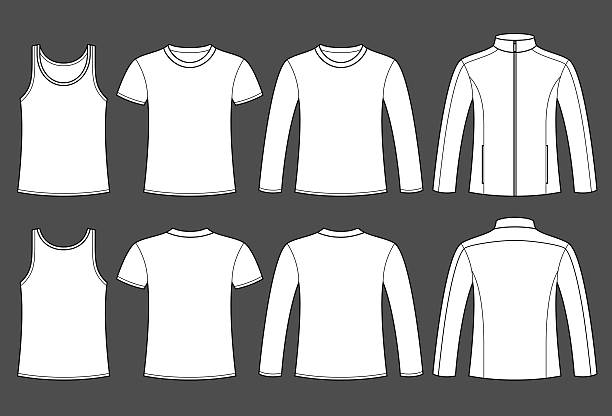 Singlet, T-shirt, Long-sleeved T-shirt and Jacket template Singlet, T-shirt, Long-sleeved T-shirt and Jacket template - front and back on dark background button down shirt stock illustrations