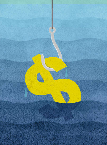 Sinking Dollar Fishing Fishhook Finances Profit Debt USD Concept Illustration Concept illustration of a American Dollar sign sinking being pulled out of water with fishing hook. student debt stock illustrations