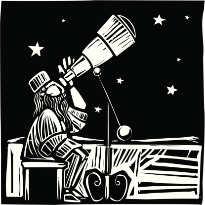 Woodcut style Persian astronomer watching the the sky.