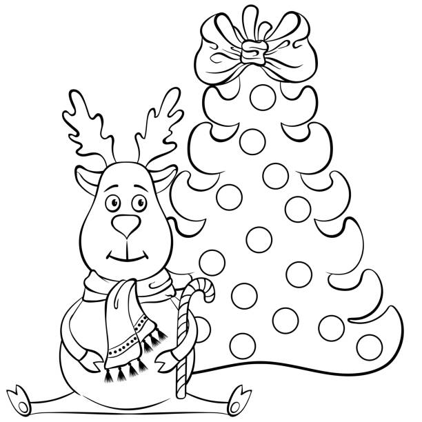Sitting deer near the christmas tree. Sitting cute Christmas deer with candy staff in a scarf near the christmas tree. Animal cartoon character. Vector hand drawn illustration in line art style isolated. For coloring book page, postcards christmas coloring stock illustrations