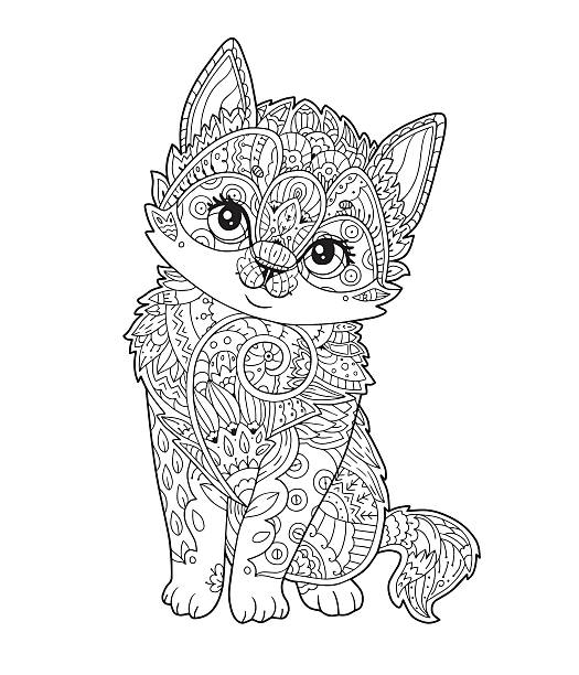 Sitting kitten ornamented in vector Sitting kitten ornamented in vector. Hand drawn sketch little cat with floral oprament. Adult antistress coloring page. Doodle. Zen art. Decorative element for T-shirt emblem, tattoo, logo. cute cat coloring pages stock illustrations