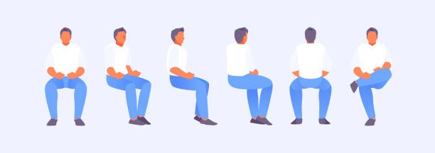 Sitting man from different sides Sitting man from different sides of the review. Front, side, rear view, isometric view. Rotation and animation. Vector illustration sitting stock illustrations