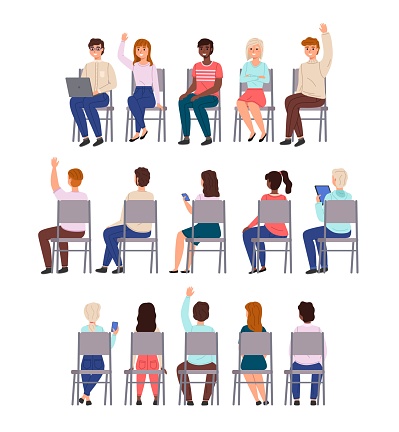 Sitting people. Young men and women sit chairs in row collection, different students back, front and half-side view, lecture participants. Pupils in university and college vector cartoon isolated set