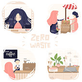 4 round cards with situations of zero waste lifestyle: in bathroom, food market, coffee house and kitchen with text