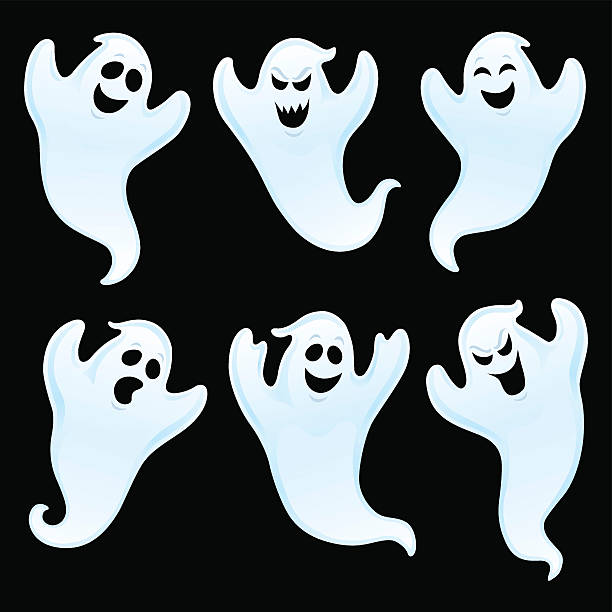 Six Assorted Ghost Characters Cartoon illustrations of six ghost characters for halloween with different expressions on a black background. ghost stock illustrations