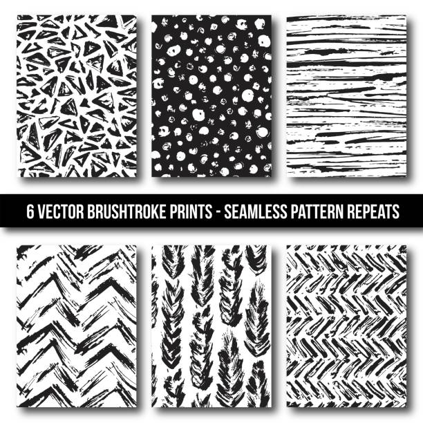 шесть черно-белых, вектор, рука обращается brushstroke печати в бесшовных шаблон повторить - johnson & johnson stock illustrations
