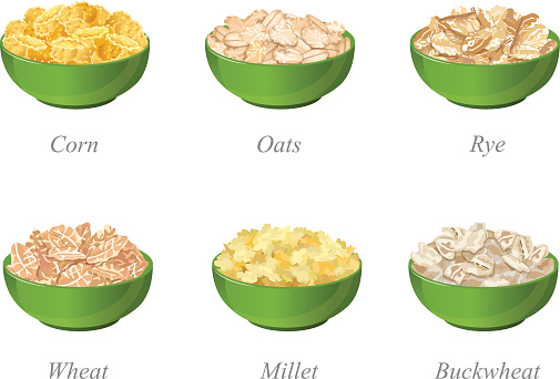 Six bowls with different cereal flakes part one