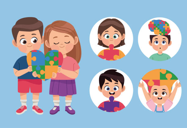 six children autism day vector art illustration