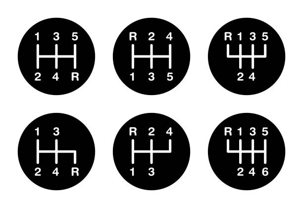 Six different gear stick shift patterns Six different gear stick shift patterns. Positions for the gear lever, also called gearshift or shifter. Five-speed and six-speed patterns on a knob. Black and white illustration over white. Vector. shift knob stock illustrations