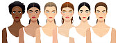 Six different women face shapes, multi-ethnic group.