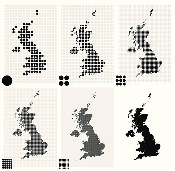 Six dotted maps of United Kingdom in different resolutions Set of 5 dotted maps of the United Kingdom in 5 different resolutions: from very low to ultra high, and outline map. uk illustrations stock illustrations