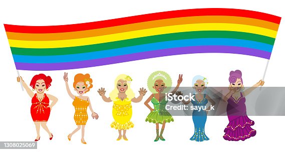 istock Six drag queens holding a wide rainbow flag and appealing LGBT Right 1308025069