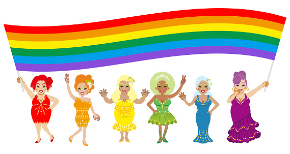 Six drag queens holding a wide rainbow flag and appealing LGBT Right