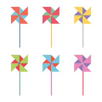 Six illustrations of colorful windmills