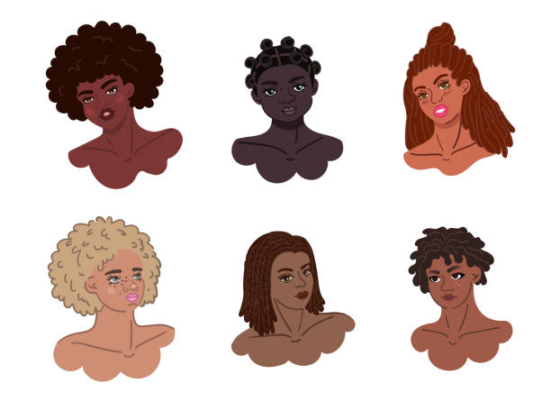 Six portraits of african-american girls with authentic black hairstyles Black hair culture - african-american girls isolated heads. Black women portraits with braids, afros, locs and hair knots. Curly african ladies with authentic hairstyles, vector illustrations bantu knot hairstyles stock illustrations