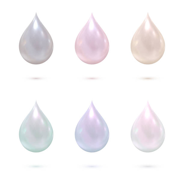 Six realistic multicolor pearl drops Set of six vector realistic pearl drops of different color with shadow isolated on the white background. 3d fluid glossy illustrations. pink pearl stock illustrations
