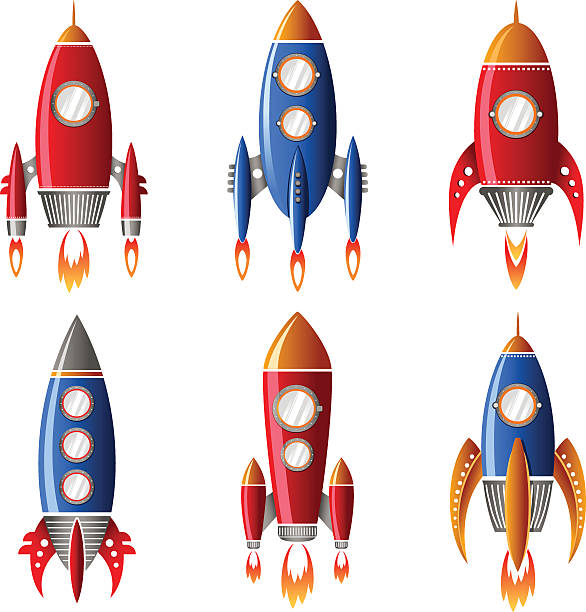 Six red and blue rocket designs Vector set of space rockets. (colored version) rocketship clipart stock illustrations