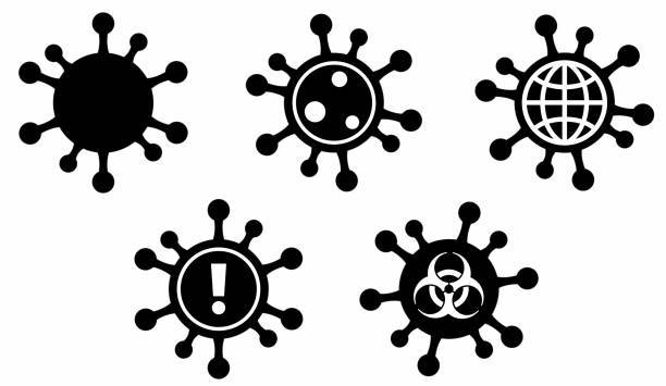 Six virus microbe icons with bio-hazard globe alert symbols vector art illustration