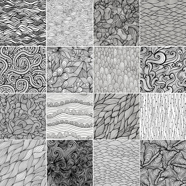 Sixteen black and white wave patterns Sixteen black and white wave patterns (seamlessly tiling).Seamless pattern can be used for wallpaper, pattern fills, web page background,surface textures. Gorgeous seamless wave background grass patterns stock illustrations