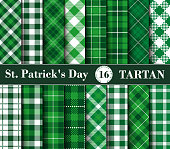 Sixteen Set of Tartan Seamless Patterns St. Patrick's Day. Collection of Plaid with Green and White Colors. Tartan Flannel Shirt Patterns. Trendy Tiles Vector Illustration for Wallpapers.